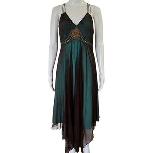 Nicole by Nicole Miller Y2K Brown  Turquoise Handkerchief Hem Beaded Dress 6